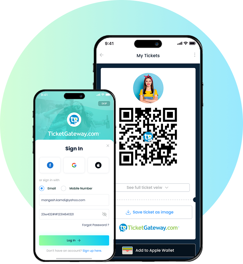TicketGateway app — sign in and digital ticket with QR code